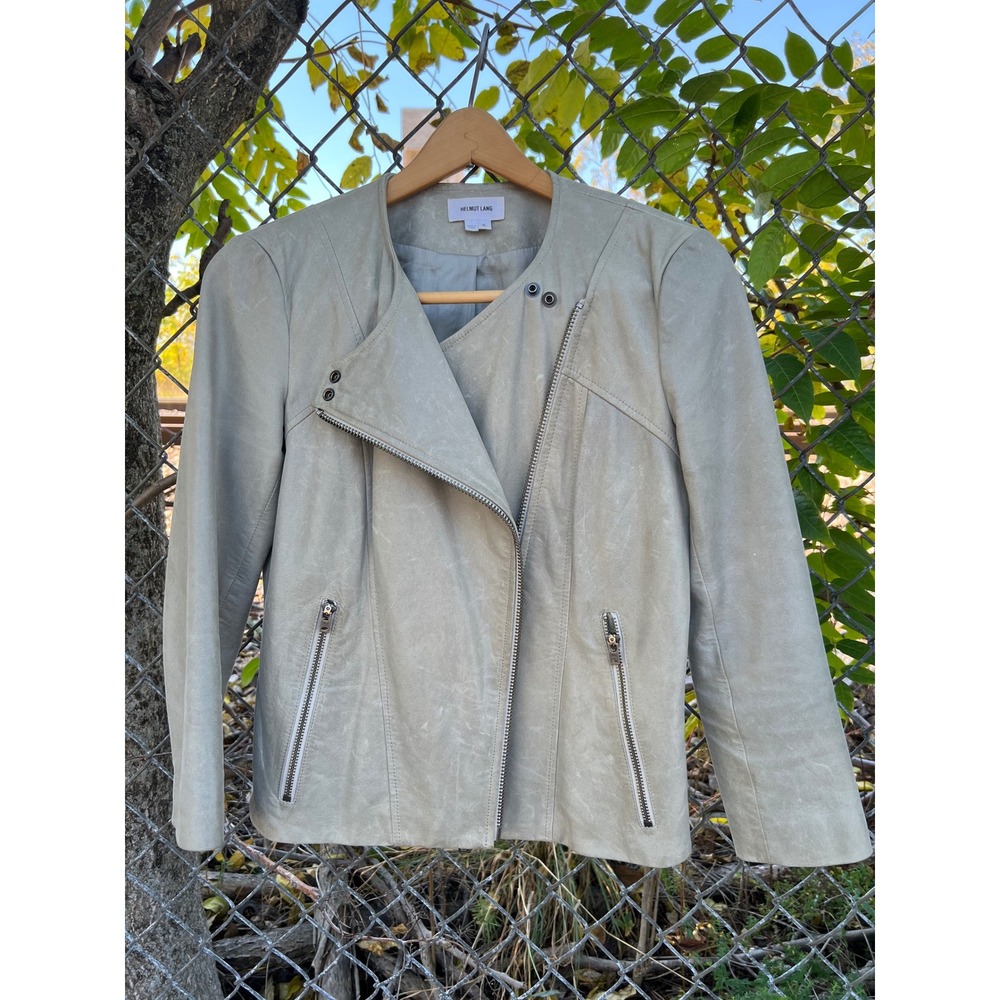 Helmut Lang Oxum Asymetrical Gray Lace Distressed Leather Moto Jacket S LNWOT